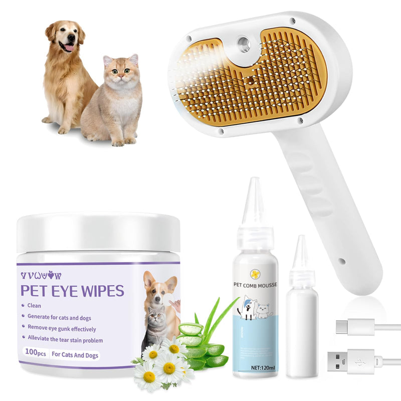 Pet Steam Brush for Dog & Cat – 3-in-1 Spray Hair Removal Comb – Steam for Shedding & Grooming – Water Brush for Long & Short Haired Pets – Spritz Defur Comb – Includes Waterless Shampoo
