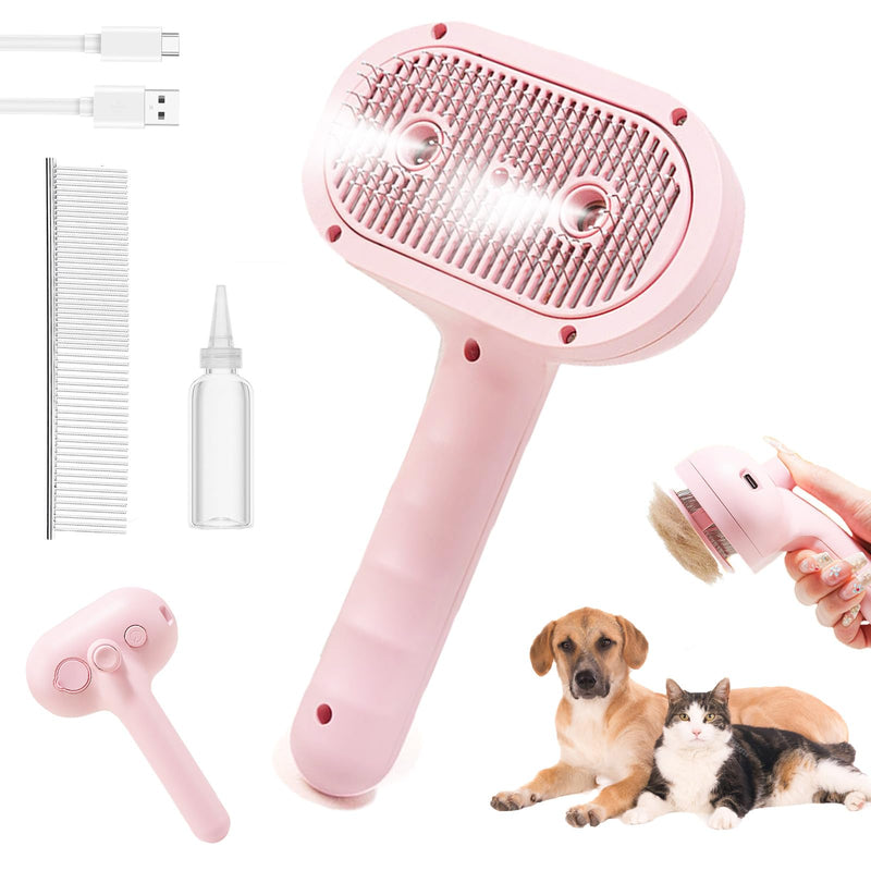 Cat Steam Brush for Shedding with Metal Comb,Deshedding Dog Brush for Long & Short Haired Dogs,Cat Hair Brush for Indoor Cats,Self Cleaning Double Hole Spray USB Rechargeable Grooming Supplies(Pink) Pink