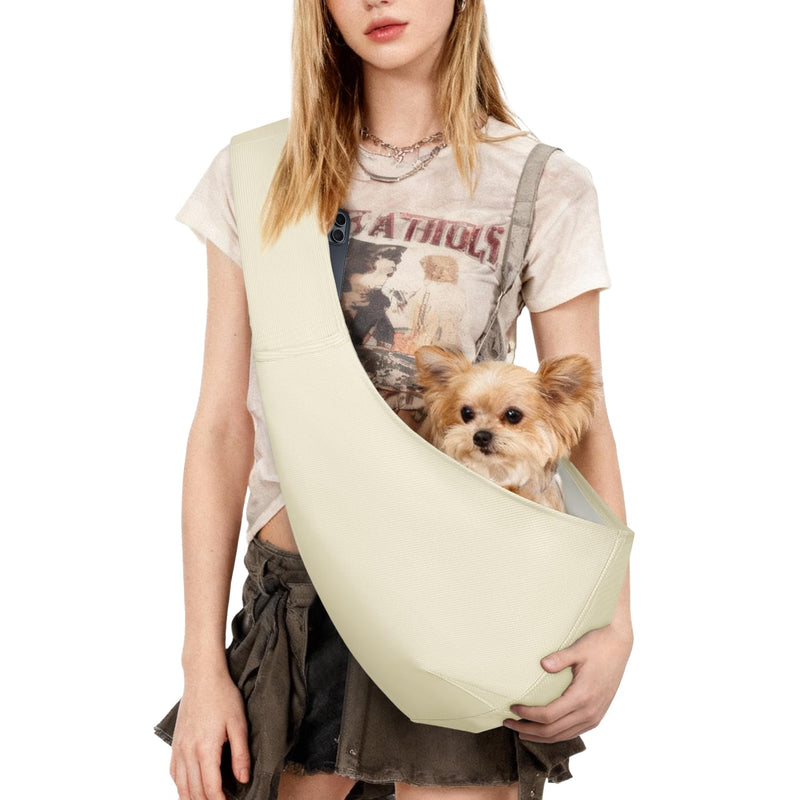 YUDODO Fashion Dog Sling Carrier for Small Dogs Lightweight Crossbody Pet Bag with Safety Strap, Pocket Storage, Machine Washable, Comfortable Travel & Outdoor Sling up to 9 lbs White Cream (up to 9lbs) Zipper pocket - PawsPlanet Australia