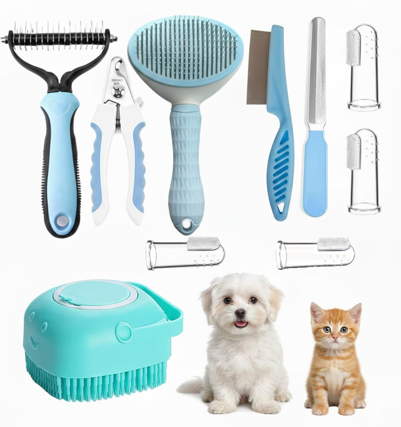 Dog Brush Grooming Kit 10pcs for Shedding, Pet Grooming Kit, Self-Cleaning Slicker Brush, Dematting Rake, Nail Clipper/Trimmer for Dogs,Cats,Rabbits& Small Animals - PawsPlanet Australia