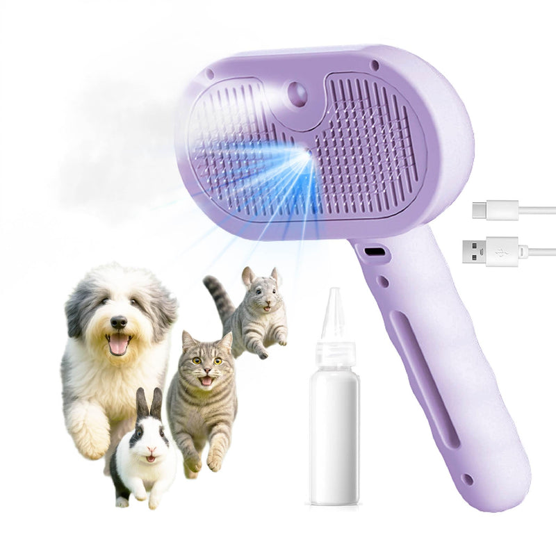 BelleBête & Co. Pet Steam Brush for Dog and Cat, Pet Hair Removal Grooming and Shedding Tool with One-Click Easy Self-Cleaning, USB Charging, No-Rinse Conditioning, Combs for Animals | Purple - PawsPlanet Australia