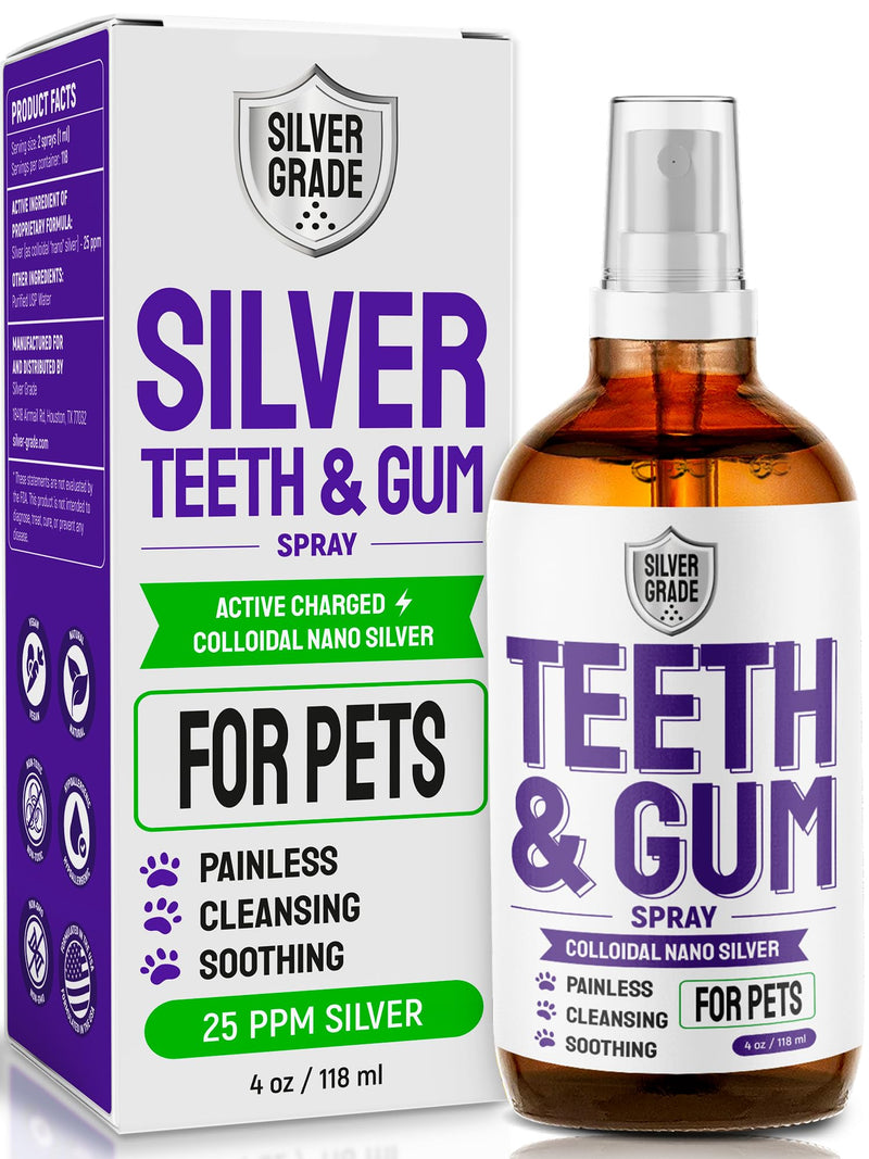 SILVER GRADE Teeth & Gum Dog Breath Spray for Pets Mouth – Cat Dental Care with Silver – Dog Breath Freshener Helps with Tartar & Caries – Plaque Remover for Daily Use – 4 Oz 4 Fl Oz (Pack of 1) - PawsPlanet Australia