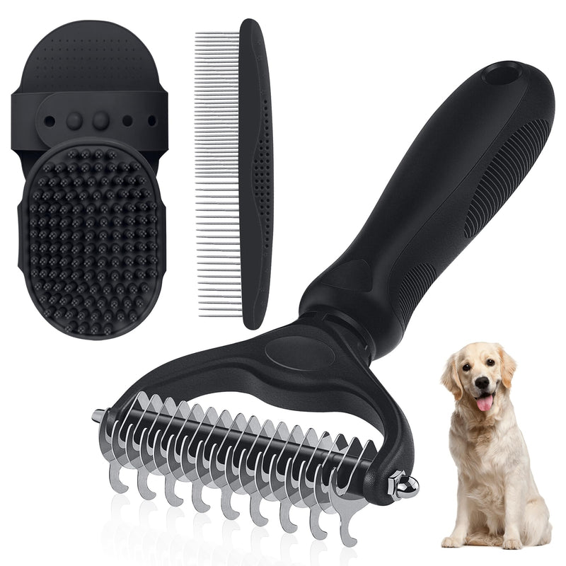 Double-Sided Pet Grooming Rake - 4-in-1 Professional Pet Grooming Kit, Deshedding Dematting Tool for Dogs, Cats, Extra-Wide Grooming Brush & Deshedder Comb for Long and Short Haired Pets(4PCS Black) Black Kit 4PCS