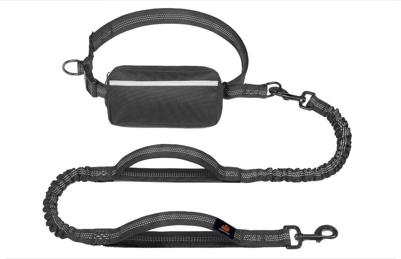 Hands Free Dog Leash with Waist Zipper Pouch, Dual Padded Handles and Dual Bungee Shockabsorbing Leash with Safety Reflective Strip for Walking, Jogging and Running Your Dog Black