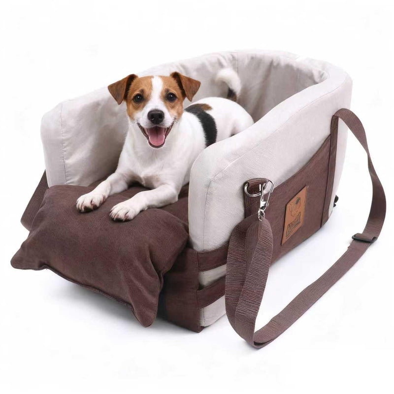 JZXOIVA Console Dog Car Seat & Travel Bed for Small/Medium Dogs, Booster Dog Car Seat with Safety Tether, Non-Slip Base, Washable Cover, Front or Back Seat Pet Carrier Bed, Brown - PawsPlanet Australia