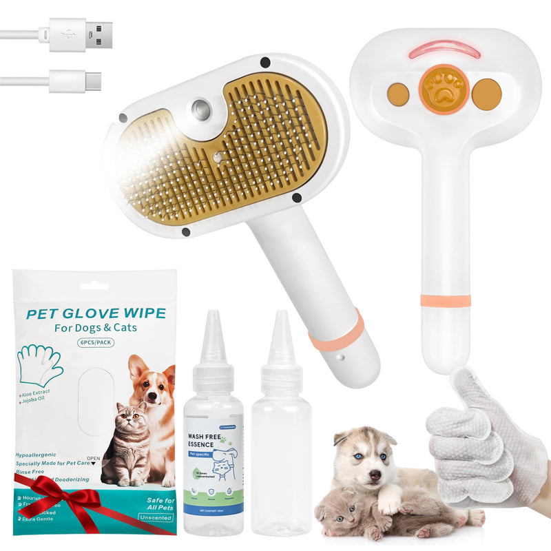 4-in-1 Pet Steam Brush for Dog & cat brush for shedding，Spray Hair Removal Comb with Waterless Shampoo–Self-Cleaning Pet Grooming Tool for Shedding, Anti-Static & Skin-Friendly Design Yellow - white - PawsPlanet Australia