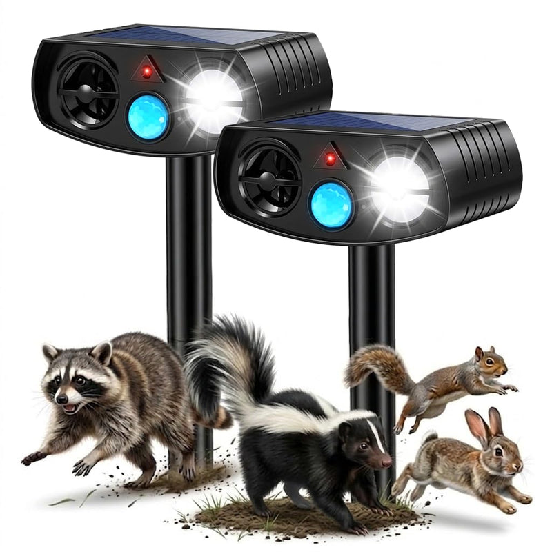 Solar Animal Repeller Outdoor, Motion Activated Ultrasonic Pest Deterrent with LED Light, Waterproof Repellent for Yard Garden, Raccoon Squirrel Rabbit Cat Dog, 2 Pack Matte Black - PawsPlanet Australia