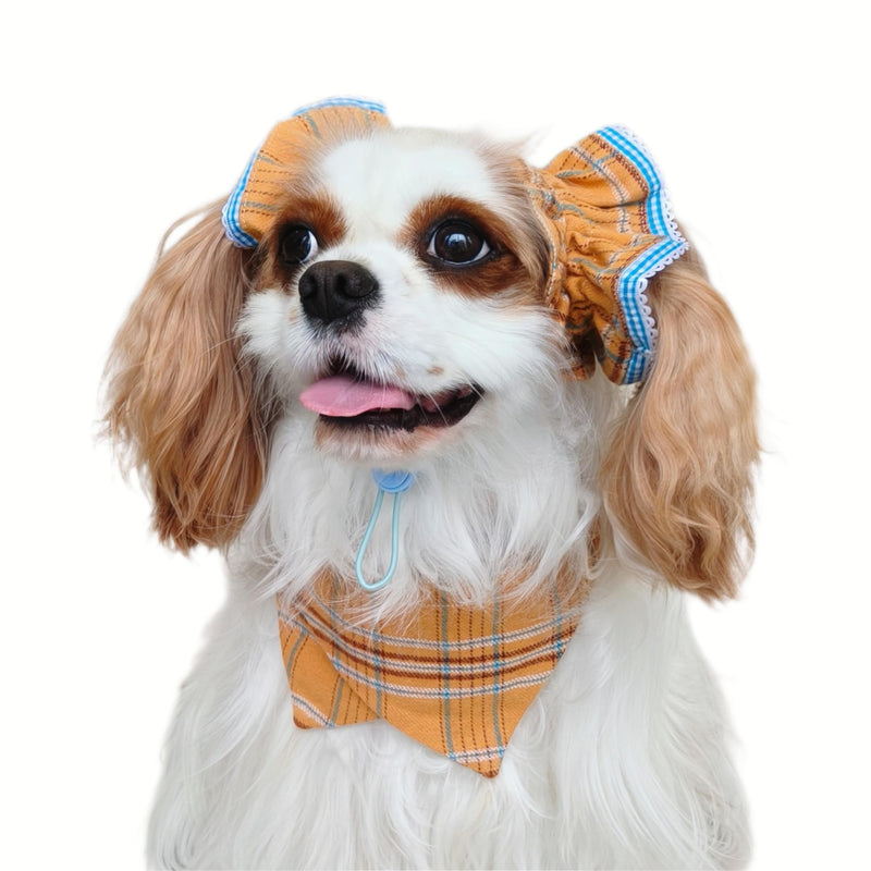 Soft Cotton Dog Headband for Cocker Spaniel, Cavalier, Springer - Adjustable Bow Pet Hair Accessory (Dog Bow Yellow Plaid) - PawsPlanet Australia