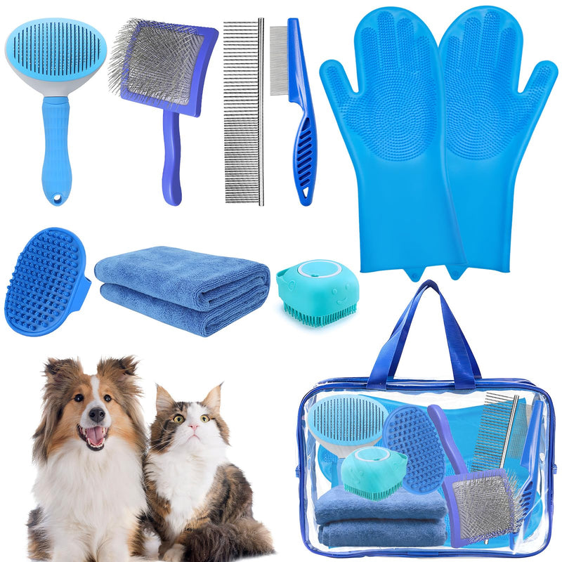 8PCS Dog Slicker Brush for Dogs Grooming Kit,Bath Grooming Kit for Pets,Hair Brush Set with Towel,Washing Gloves,Slicker Comb,and Shampoo Scrubber Brush for Small and Large Dogs and Cats(Blue) Blue