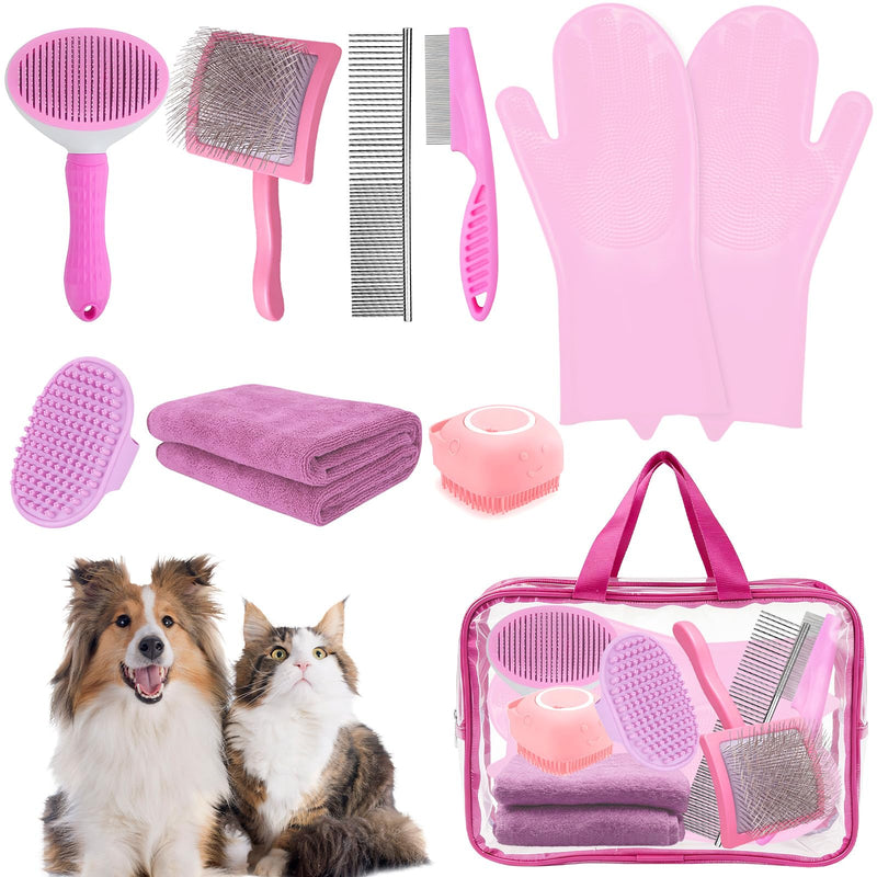 8PCS Dog Slicker Brush for Dogs Grooming Kit,Bath Grooming Kit for Pets,Hair Brush Set with Towel,Washing Gloves,Slicker Comb,and Shampoo Scrubber Brush for Small and Large Dogs and Cats Cats(Pink) Pink - PawsPlanet Australia