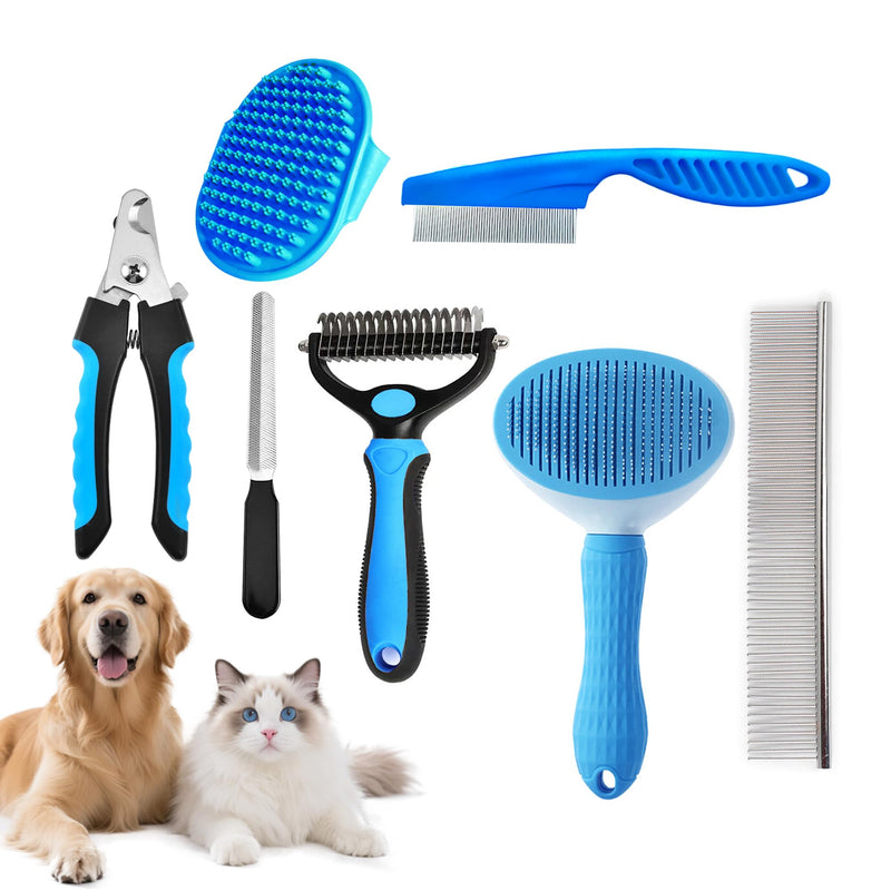 7PCS Dog Grooming Brush Kit for Shedding and Matted Fur, Self-Cleaning Slicker Brush with Undercoat Rake, Flea Comb for Long-Haired Pets, Blue - PawsPlanet Australia