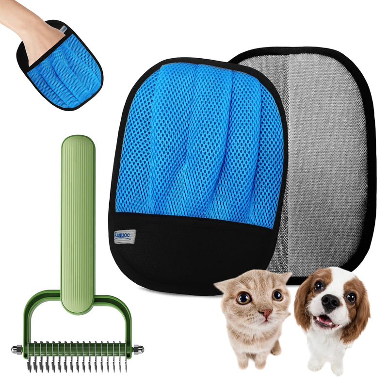 Pet Hair Removal Glove for Cats & Dogs, 2 Pcs Five-Finger Electrostatic Hair Remover Golve, with Pet Double-Sided Deshedding Brush Pet Hair Remover Tool on Carpet, Clothing, Laundry, Couch, Car Seat