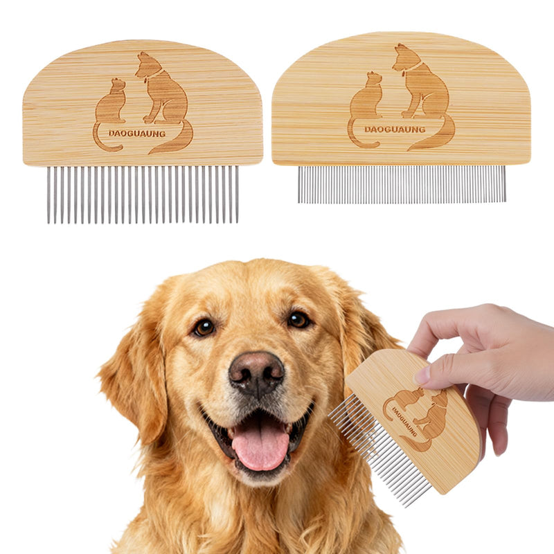 Pet Grooming Combs for Dogs Cats, 2 Pack Bamboo Combs with Wide Fine Teeth for Shedding, Detangling, Flea Removal and Daily Care Two Size