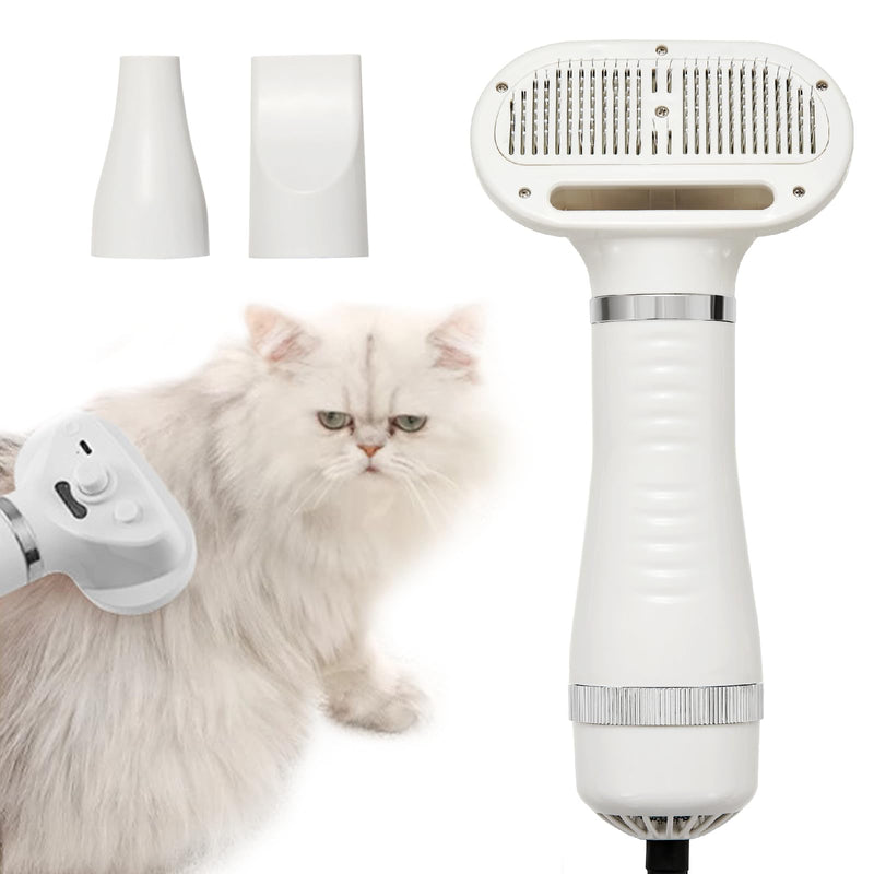 3-in-1 Pet Hair Dryer Brush for Dogs & Cats – Portable Blower & Slicker Brush, Adjustable Temperature, Overheat Protection White