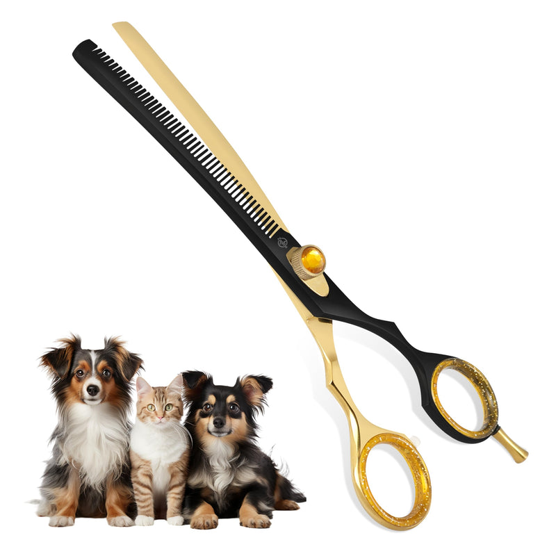 7.5” Curved Thinning Shears for Dogs and Cats – 34 Tooth Professional Pet Grooming Scissors – Smooth, Quiet Blending Shears for Face, Ears, Chest and Legs, Ergonomic Design for Home and Pro Use Golden Black Curved Thinning Scissors - PawsPlanet Australia