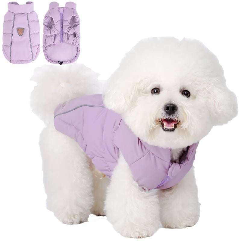 Pet Winter Vest Waterproof Windproof Stand Collar Elastic Belly Warm Puffer Jacket with Reflective Stripes, Sleeveless Design for Small Dogs Cats Purple Large - PawsPlanet Australia