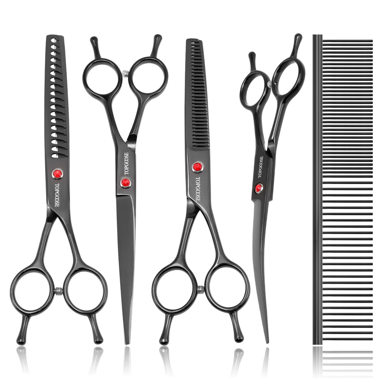 TOPGOOSE Dog Grooming Scissors Kit, Professional 6 in 1 Pet Scissors Sharp Shears Set - Straight, Thinning, Chunker, Curved Shears and Comb for Long Short Hair for Dog Cat (Set, Black) - PawsPlanet Australia