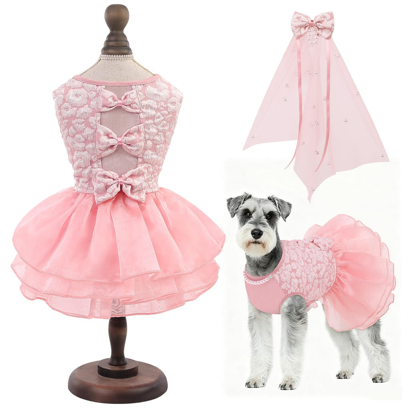 ASENKU Dog Dress, Dog Wedding Dress, Pet Lace Princess Dress with Bows for Wedding Birthday Party, Puppy Formal Apparel with Pearl Necklace for Large Dogs (Pink, X-Large) Pink