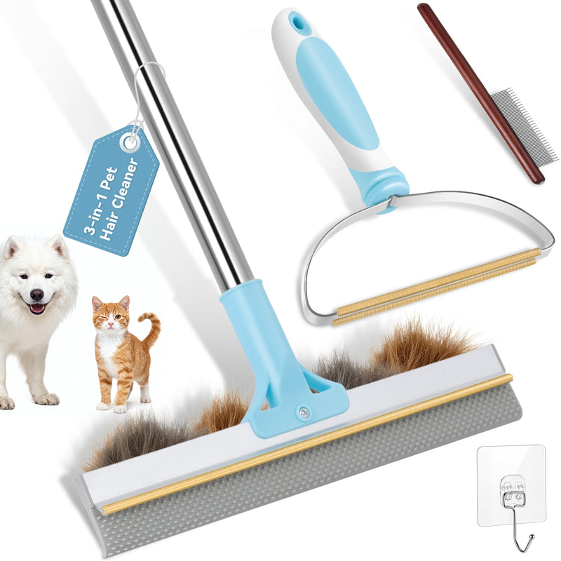 Carpet Rake for Pet Hair Removal Tool, Reusable Pet Hair Rake with 63” Adjustable Long Handle, Cat Dog Hair Remover Carpet Broom and Scraper, for Carpets, Rugs, Mats, Couch, Furniture, Car