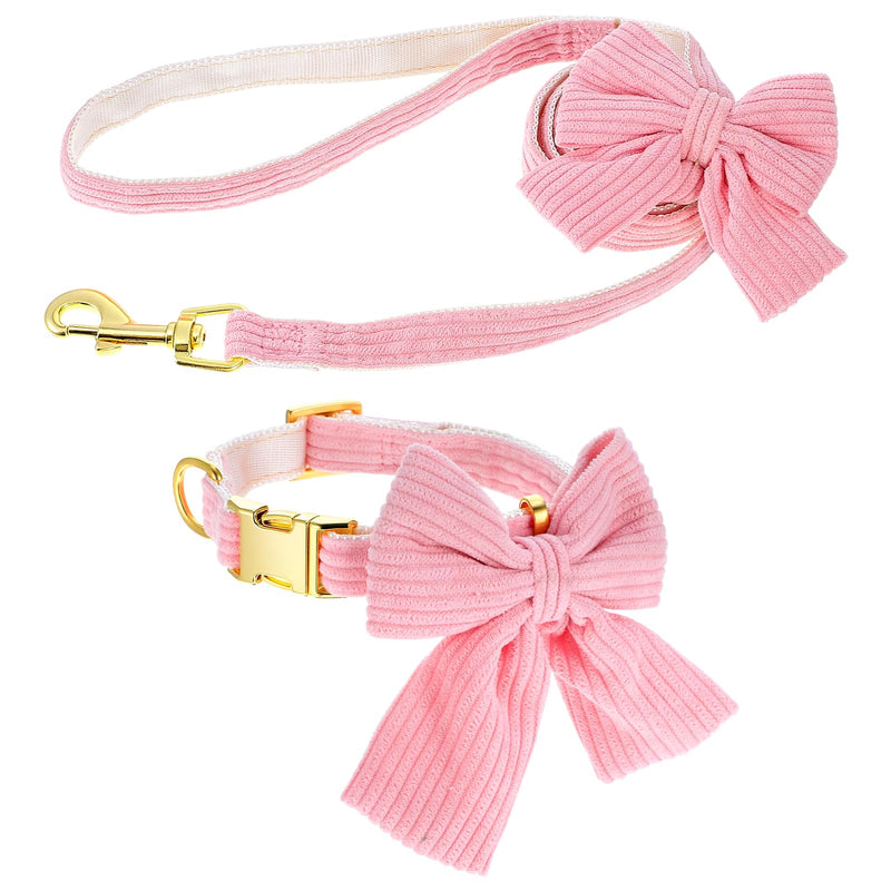Dog Collar and Leash Set with Bowtie, Pink Cute Girl Dog Collars Bow Metal Buckle Adjustable Corduroy Dogs Collar 10‘’-16‘’for Small Medium Puppy Dogs with 5 FT Leash Pink S - PawsPlanet Australia