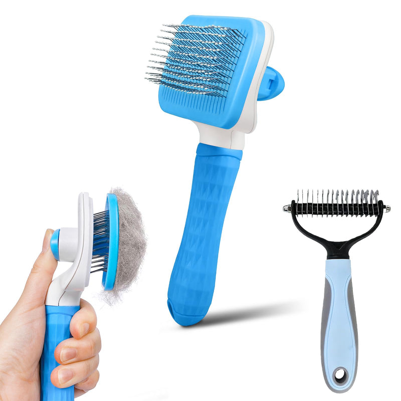 Dog & Cat Brush Kit 2PCS, Self Cleaning Slicker Brush for Pets, Dog Brush for Shedding Massaging and Grooming, Removes Loose Undercoat & Portable Comb for Long Short Haired Dogs(Blue) Blue Brush+Dematting Tool - PawsPlanet Australia