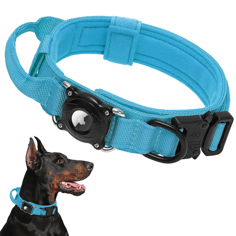 Tactical Airtag Dog Collar Waterproof - Adjustable Nylon Training Collar with Secure Airtag Holder, Control Handle & Quick-Release Buckle for Medium Large Dogs (Blue, L) Blue L (17"-20.5")