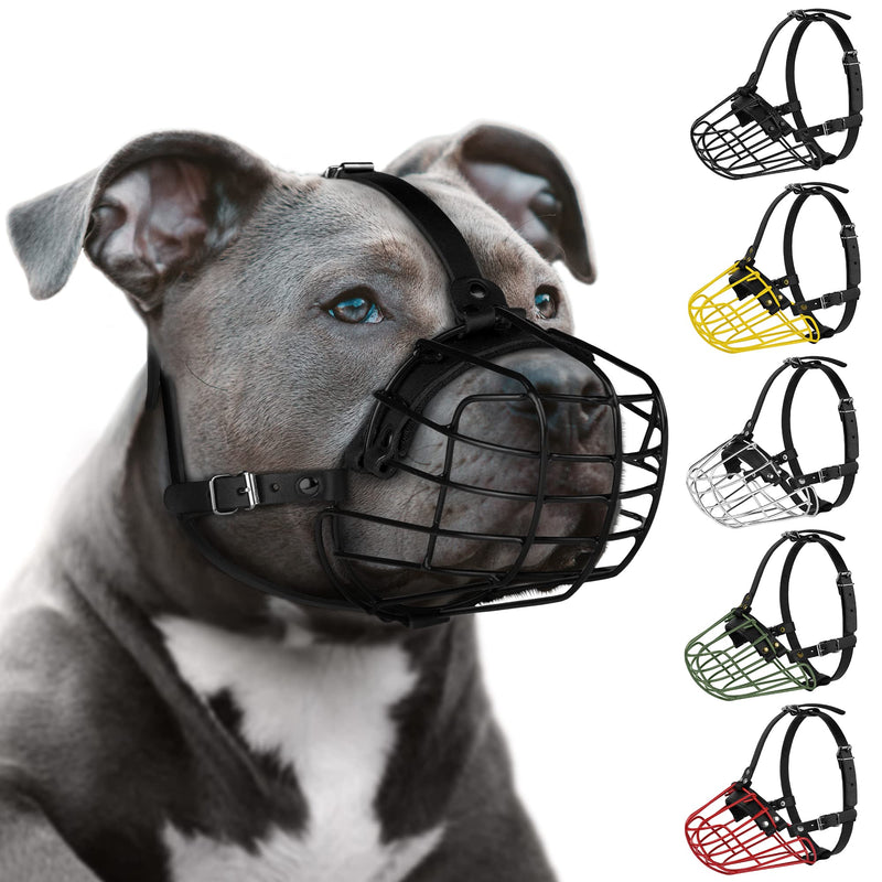 Pitbull Dog Muzzle Metal Mask Amstaff Secure Wire Basket Adjustable Durable Leather Straps for Large Dogs (Black) Black - PawsPlanet Australia