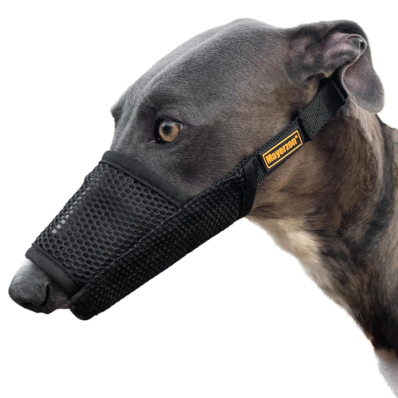 Mayerzon Greyhound Whippet Dog Muzzle, Soft Mesh Muzzle for Long Nose Dogs to Prevent Excessive Biting Chewing Eating, Suitable for Grooming Walking Vet Visits, Allowing Drinking Breathing (Black, L) Black L [Snout Cir: 8.25-9.5"] - PawsPlanet Australia