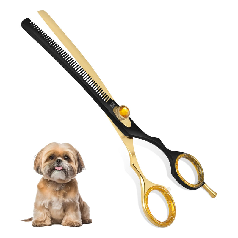 ZAVRIX Professional Dog Grooming Scissors – 7.5” Curved Thinning Shears with 34 Teeth, Pet Chunkers for Dogs & Cats, Premium 440C Stainless Steel Grooming Tools (Golden Black Curved Thinning Scissor) Golden Black Curved Thinning Scissor - PawsPlanet Australia