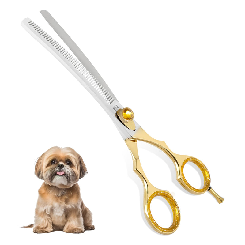 ZAVRIX Professional Dog Grooming Scissors – 7.5” Curved Thinning Shears with 34 Teeth, Pet Chunkers for Dogs & Cats, Premium 440C Stainless Steel Grooming Tools (Golden Polish Curved Thinning Scissor) Golden Polish Curved Thinning Scissor - PawsPlanet Australia
