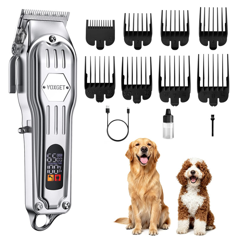 Dog Clippers for Grooming Thick Hair, Upgrade Low Noise Pet Shaver with 8 Size Detachable Combs for Heavy Curly Hair, Rechargeable Metal Blade Clipper Grooming Kit for Dogs Animals (Silvery) Silver