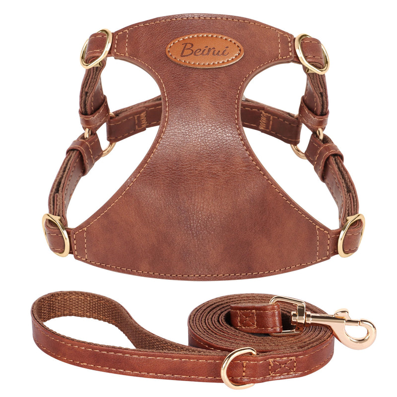 Beirui ?Stylish PU Leather Dog Harness? and Leash Set for Small Dogs, ?Adjustable Step in Puppy Harness with Breathable Mesh Lining and Durable Metal Buckle for Walking Traveling(Brown,XS) XS: Fit 4-11lbs Brown - PawsPlanet Australia
