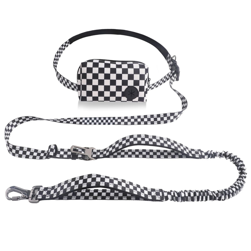 Roses&Poetry Hands Free Dog Leash with Zipper Pouch, 6-9ft Bungee Waist Leash for Medium Large Dogs Walking, Running Lead with Dual Padded Handles Car Safety Buckle for Training Jogging Checkered (XL) 6-9FT With Zipper Pouch, 2 Handles - PawsPlanet Australia