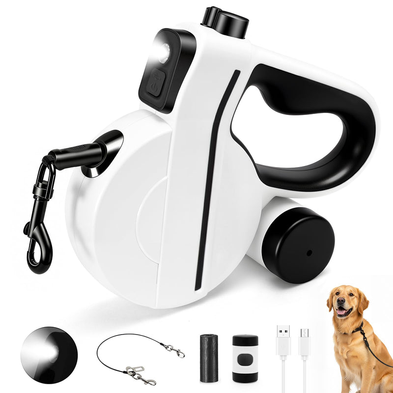 Retractable Dog Leash with LED Light & Reflective Tape for Night Walk, 16ft Dog Leash with Poop Bag Dispenser, Chew-Proof Steel Cable, One-Button Brake & Lock for Medium Dogs up to 66 lbs (BLK&WHT) Coal