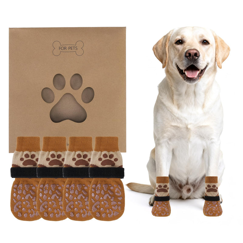 KOOLTAIL Dog Socks Shoes for Hot Pavement, Breathable & Warm Winter Dog Booties to Prevent Licking Paws for Small Medium Large Senior Dogs,Non Slip Grippy Pet Boots & Paw Protectors for Hardwood Floor Large(4 Pack) Khaki+brown