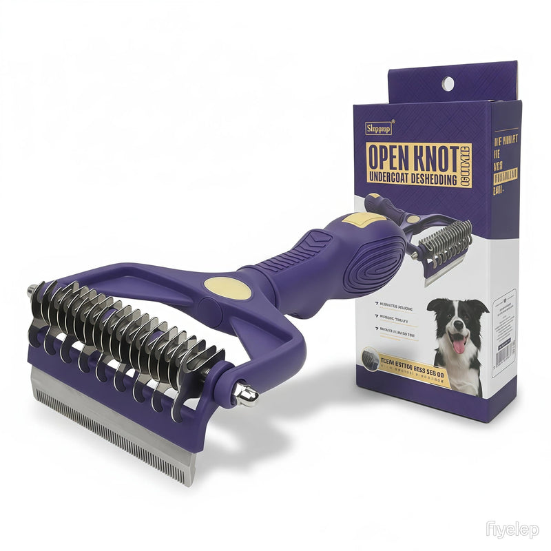 Dog Dematting Comb, 3-in-1 Pet Grooming Tool with 9+17 Teeth & Flea Remover, Stainless Steel Undercoat Rake for Matted Hair, Long-Haired Dogs Cats