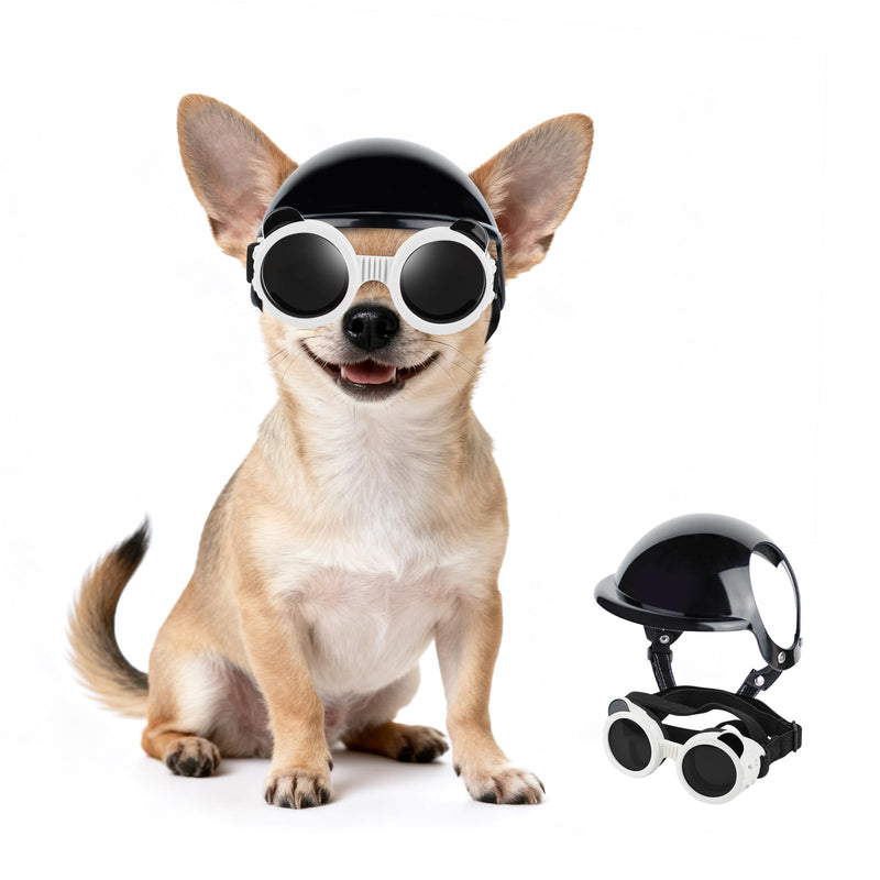 PETLESO Extra Small Dog Goggles and XSmall Dog Helmet, 2Pcs Anti-UV Doggy Sunglasses Cat Motorcycle Protecetive Helmet Set, Chihuahua Safety Hard Hat Outdoor Head & Eyes Protection, White XS Black+White - PawsPlanet Australia