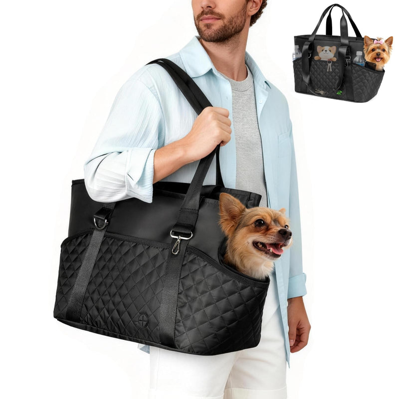 YUDODO 4-12lbs Dog Purse Carrier, Lightweight Small Dog Carrier with Large Pockets & Safety Clip, Collapsible Pet Travel Carrier Puppy Cat Rabbit, Black