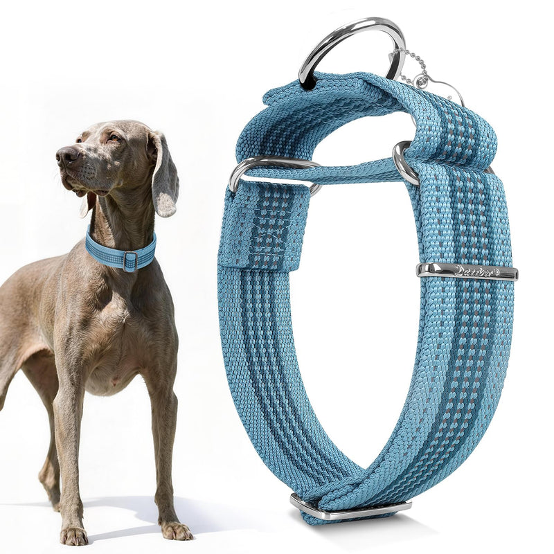1.5" Martingale Dog Collar, Escape-Proof & Anti-Slip, Extra Strong Reflective Nylon, Adjustable Two-Color Stripe for Medium to Large Dogs (M-Baby Blue) Medium, ( 14"-21") Baby Blue
