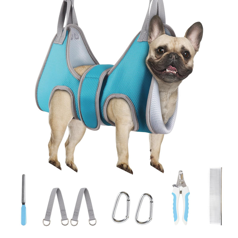 Dog Grooming Hammock, Adjustable Restraint Sling for Nail Trimming, Hands-Free Grooming Harness for Easy Bathing, Haircuts & Claw Care at Home, Blue M M-（Leg Space:9-12.2") - PawsPlanet Australia