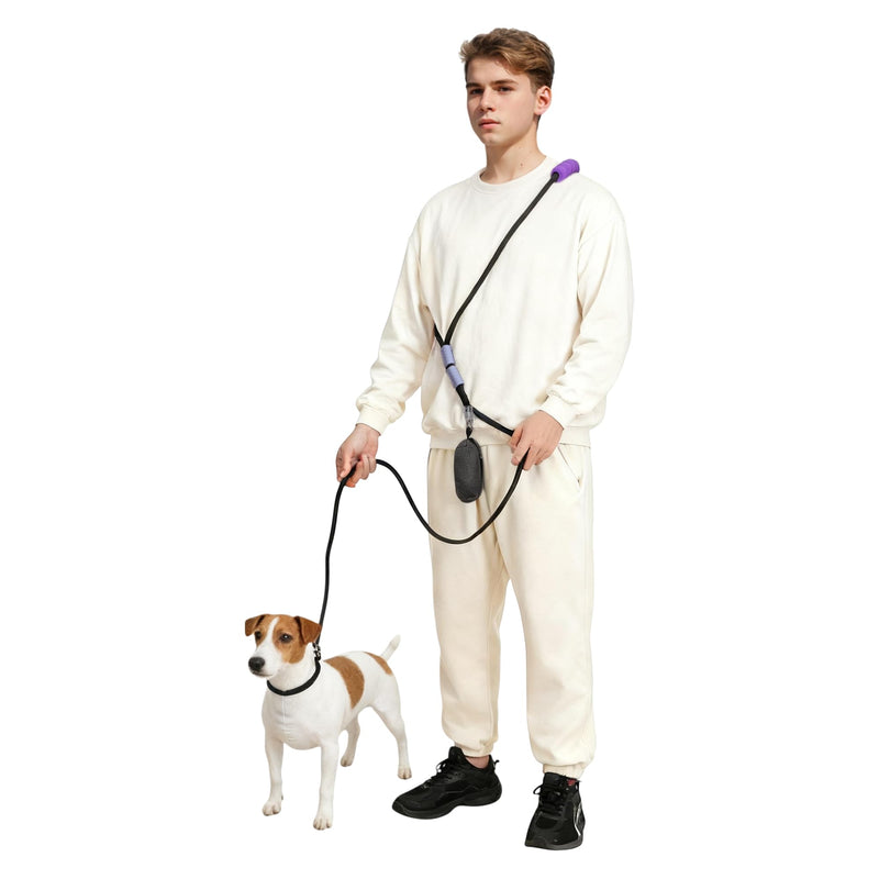 Hands Free Dog Leash, Adjustable Waist Leash with Car Seatbelt & Reflective Strips, for Jogging Hiking, Includes Poop Bag Pack, Black Purple