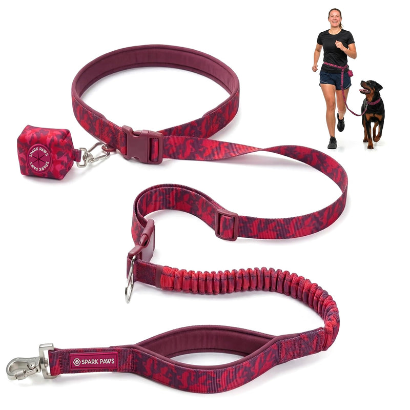 Spark Paws Handsfree Dog Leash – Shock Absorbing Waist Bungee Lead for Running, Car Seatbelt Clip & Poop Bag Set, Heavy Duty Tactical Lead for Medium, Large & X-Large Breeds - Fuchsia Camo - PawsPlanet Australia