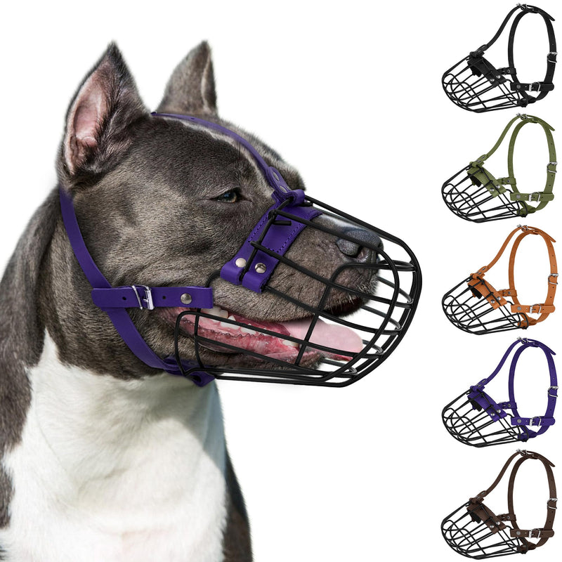 Pitbull Dog Muzzle Breathable Metal Basket for Large Dogs Amstaff Staffordshire Terrier Secure Wire Mask Adjustable Durable Leather Straps Biting Chewing Barking (Purple) Purple - PawsPlanet Australia
