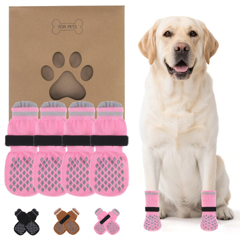 KOOLTAIL Anti Slip Dog Socks Booties to Prevent Licking Paws Scratching, Pet Boots&Paw Protector for Hardwood Floors, Dog Shoes for Winter, Traction Control Grip Socks for Small Medium Large Dogs XL X-Large（4 Pack） Pink