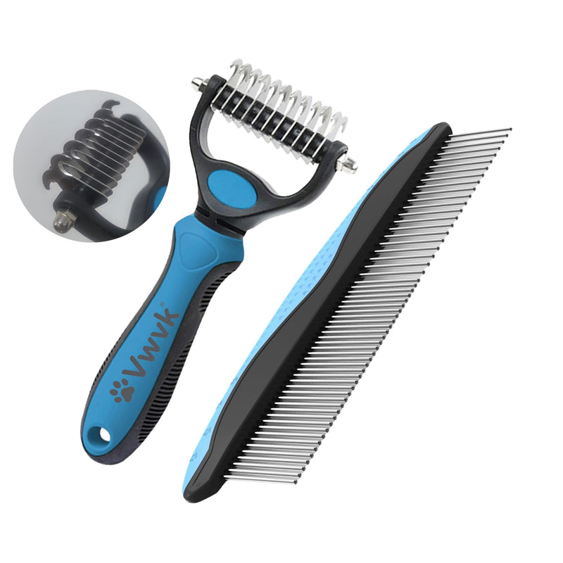 Pet Grooming Combo - Blue Deshedding Brush with Metal Comb, Professional Detangling & Dematting Tool for Long/Matted Fur on Cats and Dogs - PawsPlanet Australia