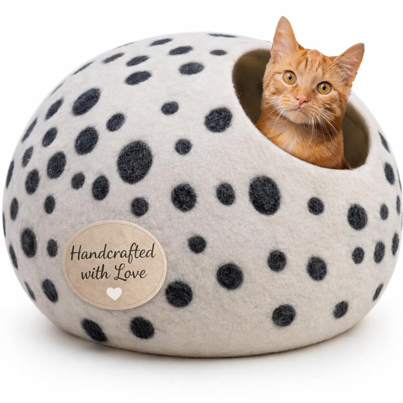 Luxurious Merino Wool Cat Cave - Foldable Hideaway Pod for Indoor Cats - Premium Felt Kitten Pet Enclosure - Covered Cat House for Ultimate Cozy Comfort by Woolygon White Polka - PawsPlanet Australia