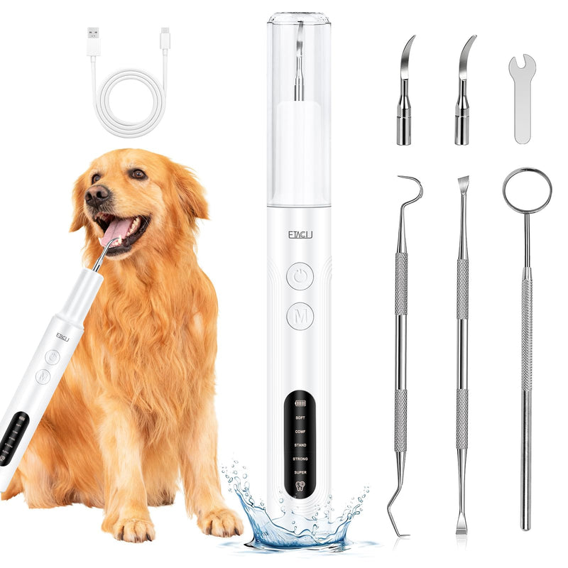ETACCU Dog Plaque Remover for Teeth, Dog Plaque Remover Tool with LED Light, 5 Modes Teeth Cleaning Tools, Low Noise Pet Tooth Brushing Kit Dental Tools for Dog and Cat, White - PawsPlanet Australia