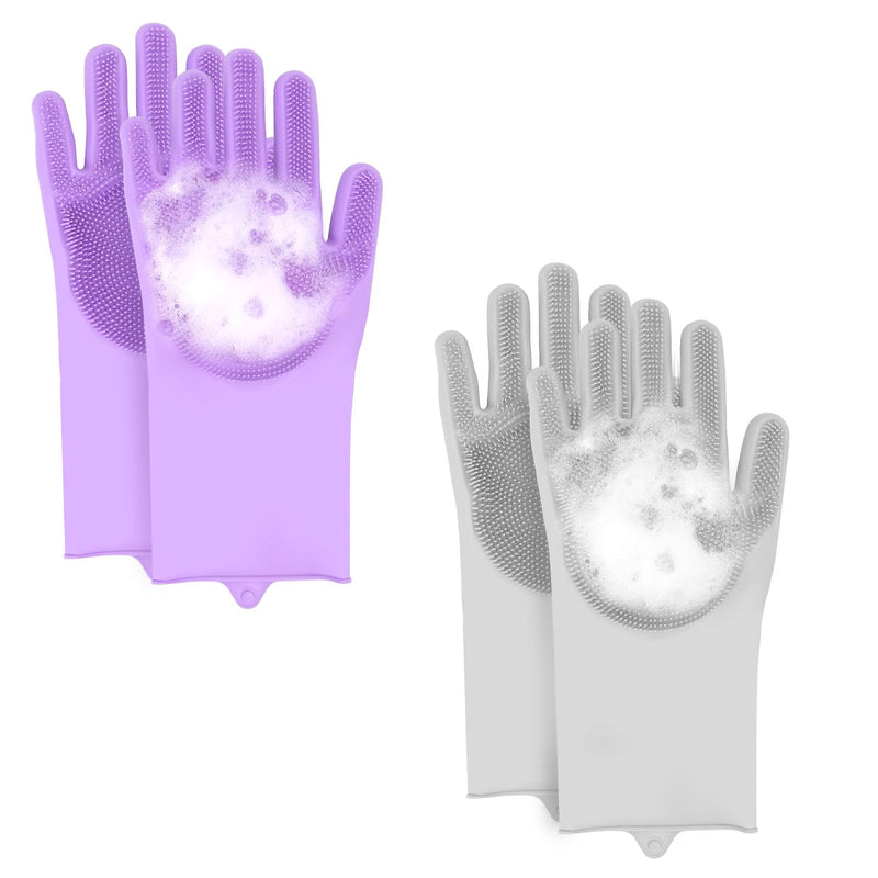 2-Pair Pet Hair Remover Glove for Dogs and Cats Washing, Grooming, & Deshedding – Multipurpose Silicone Dog Bath Gloves, Cat Brush Glove Mitt for Pet Cleaning & Household Use (Purple & Grey) Gray and purple two-tone