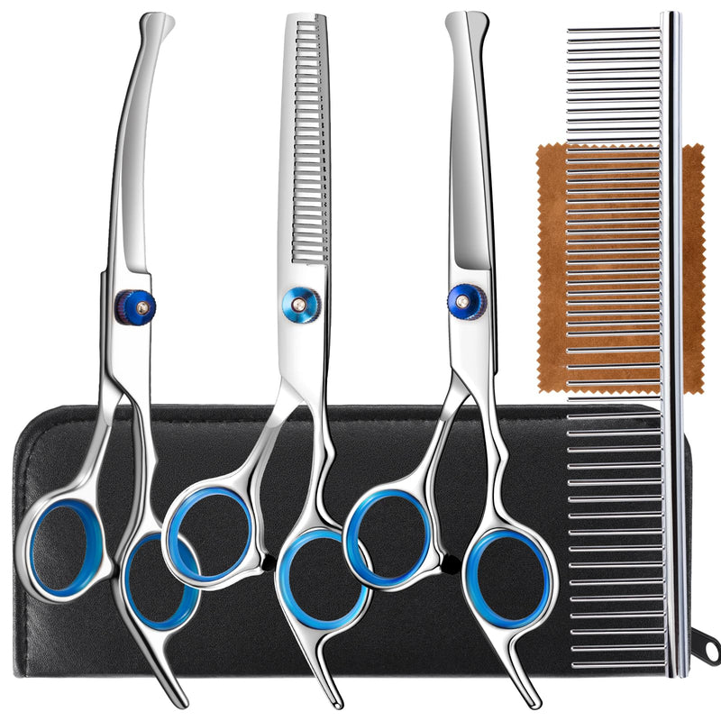 5 in 1 Upgraded Thicken Dog Grooming Scissors, Professional Dog Scissors for Grooming with Safety Round Tips, Lengnoyp Stainless Steel Thinning Shears, Pet Cat Shears for Grooming Kit - PawsPlanet Australia