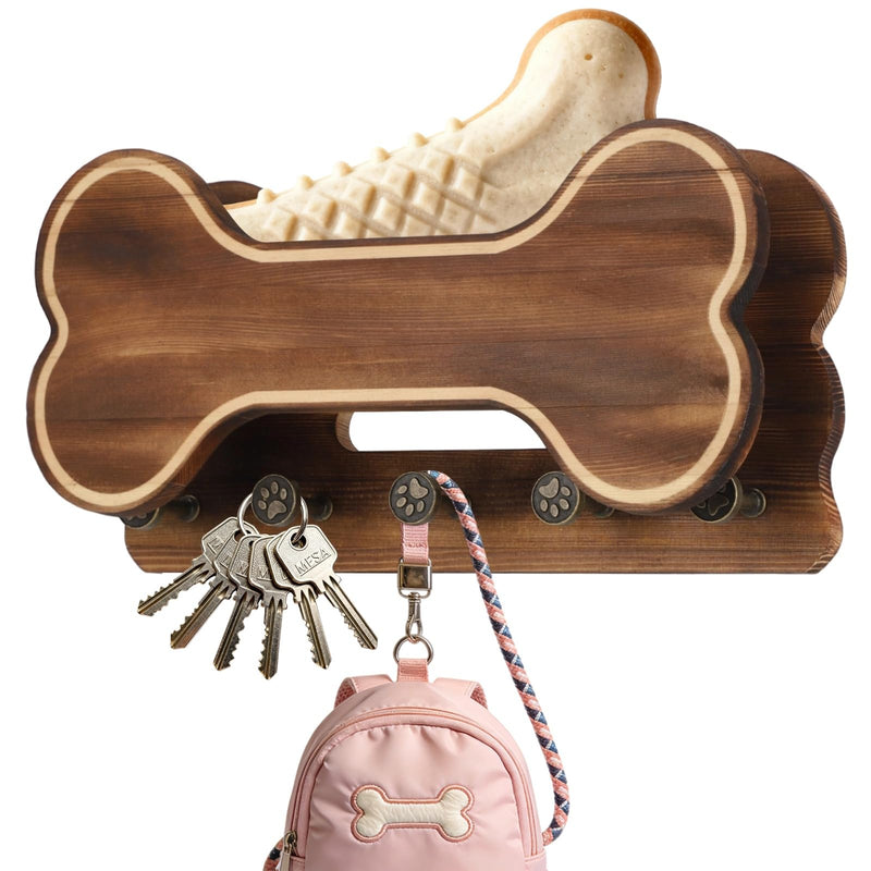 Doggie Bone Key Holder Wall Mount, Rustic Wooden Dog Leash Holder with 5 Hooks, Dog Stuff Storage Shelf, Pet Accessories Organizer for Entryway, Living Room, 11.8 x 6.1 x 3.1 in - PawsPlanet Australia